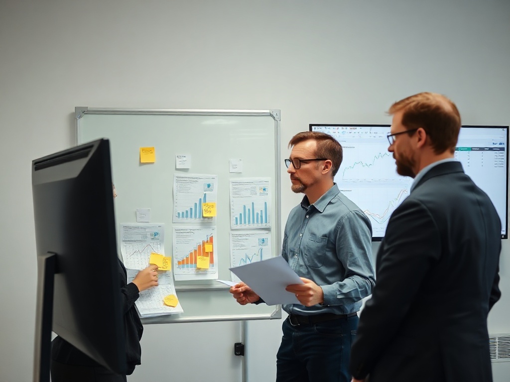 Realistic photo of two professionals reviewing printed spreadsheets and sticky notes on a whiteboard in a clean Polish office