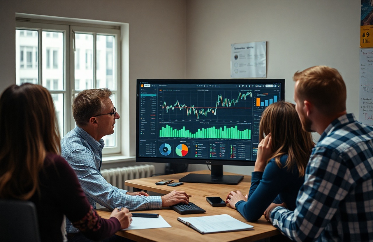 Documentary photo of a small team gathered around a large monitor showing data charts in a modest Polish office interior